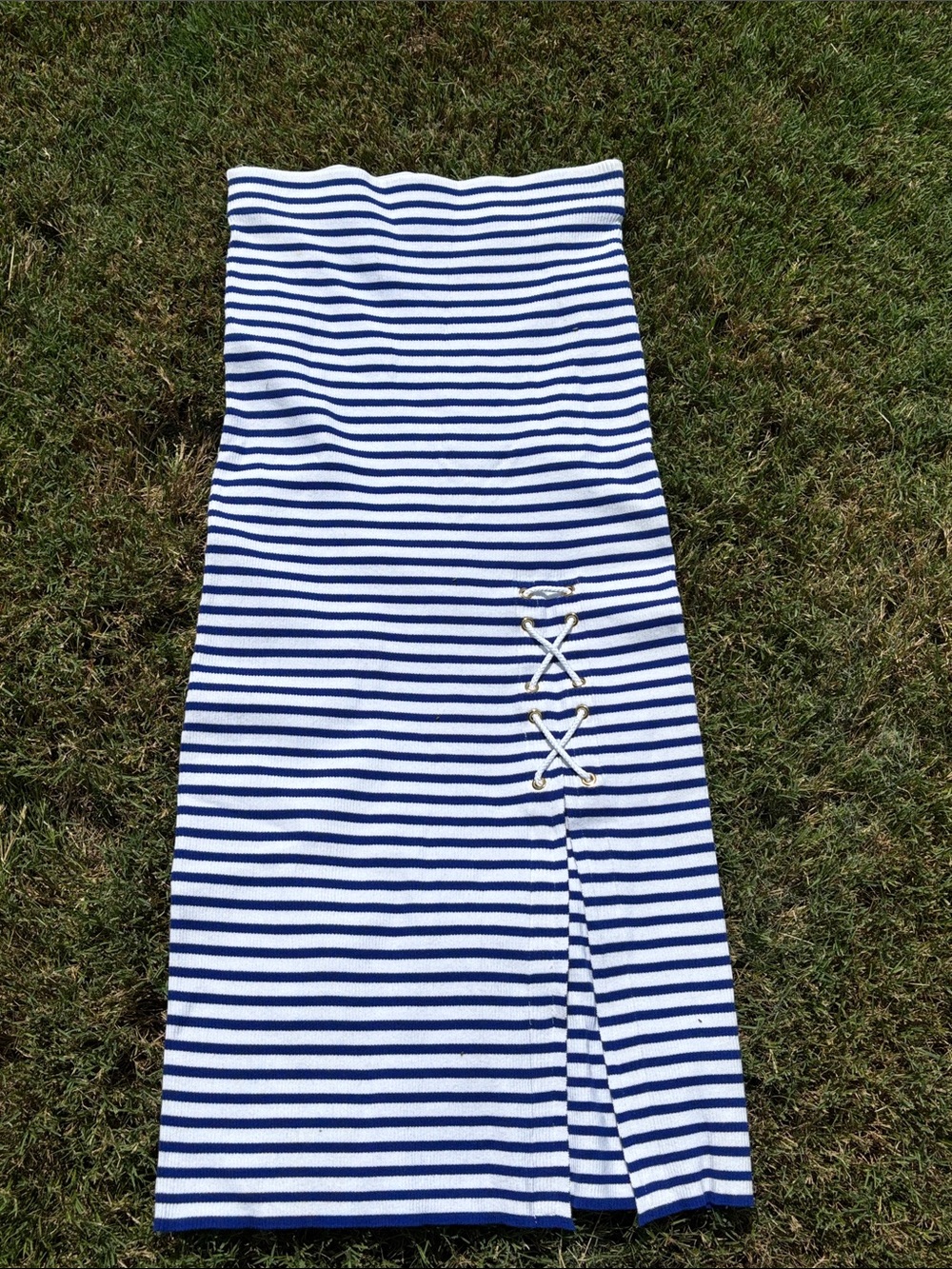 Lauren Ralph Lauren Navy and White Striped Ribbed Knit Pencil Skirt Size S